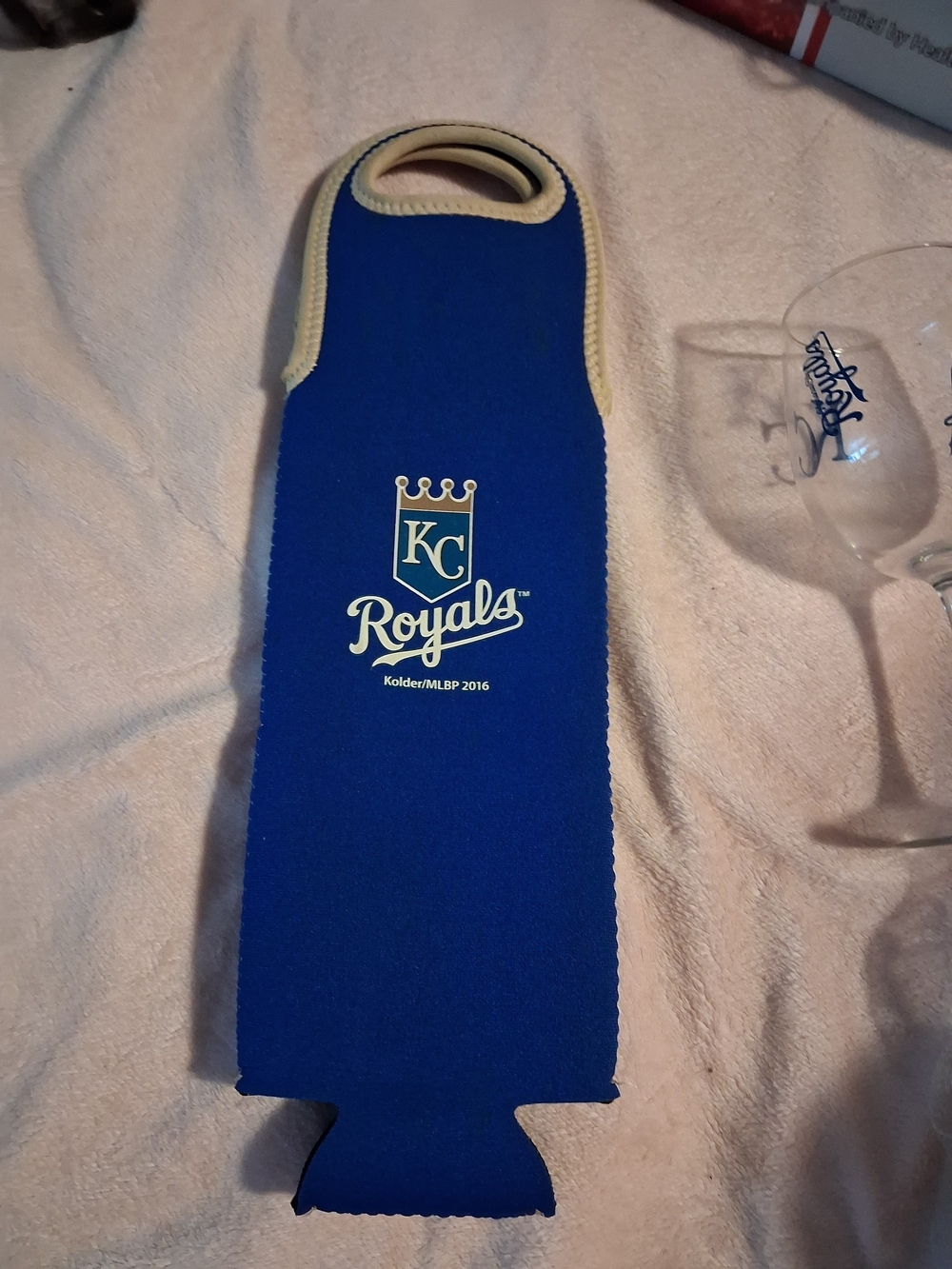 Blue Neoprene Wine Bottle Carrier with Cream Trim Plus KC Glass